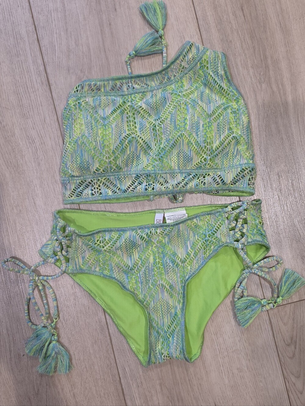 Becca Crochet Lace-Up High Waisted Bikini Set XS/XP Green Blue